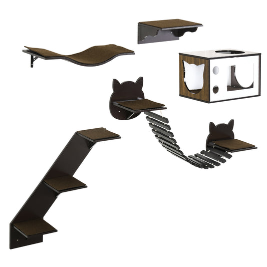 Photo of PawHut 5 Piece Cat Wall Shelves, Wall-Mounted Cat Tree for Indoor Use - Brown in Brown colour on a white background