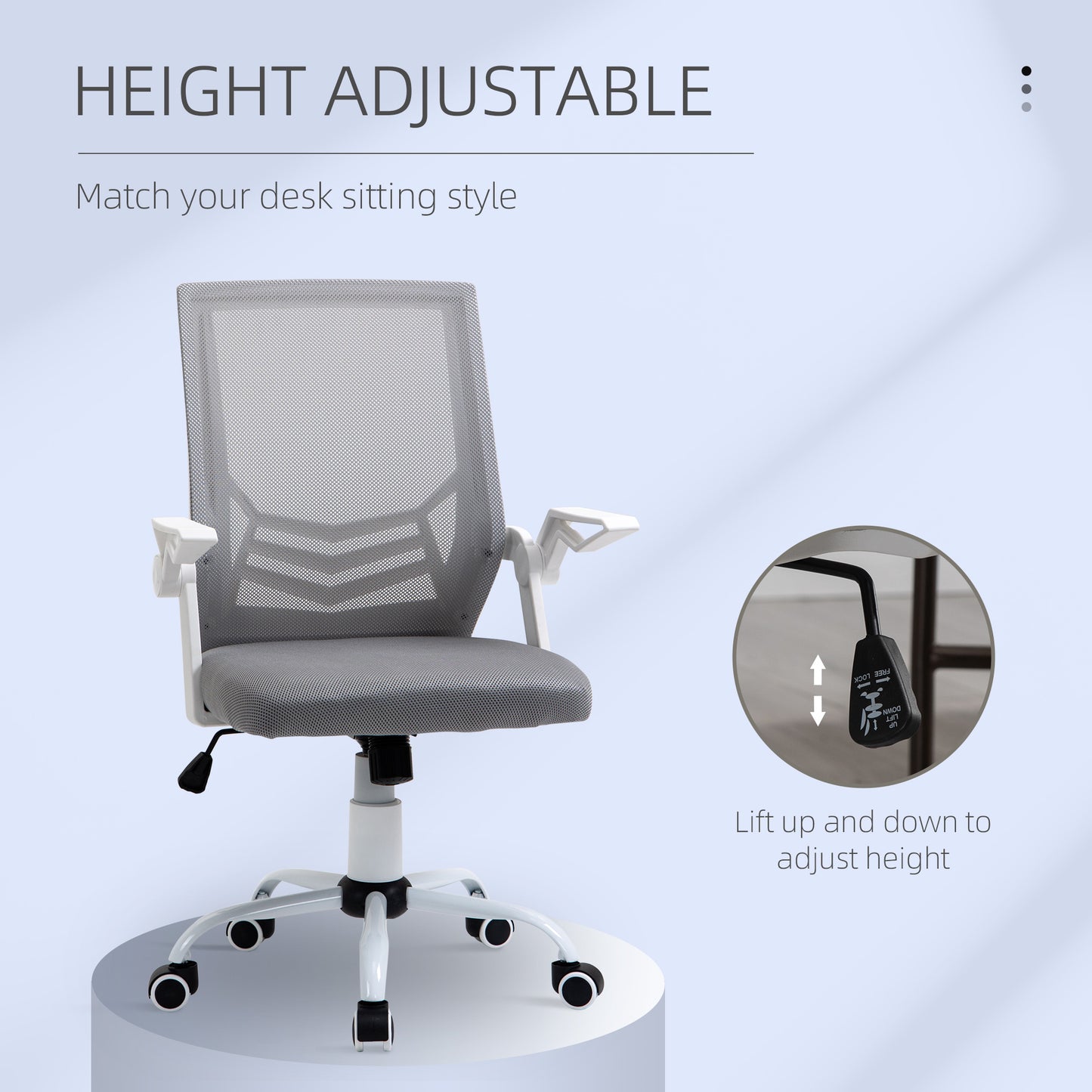 Vinsetto Home Office Chair and Computer Desk Set, Mesh Chair with with 90° Flip-up Armrest, Study Desk with Keyboard Tray and Drawer, White and Grey