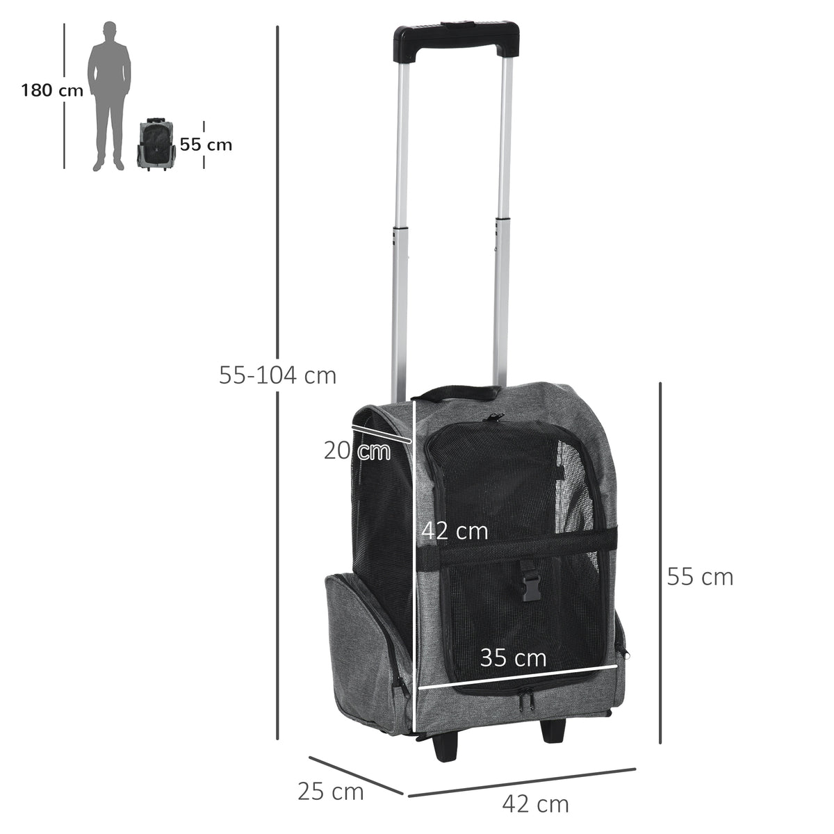 PawHut 2 in 1 Dog Backpack and Trolley, Pet Travel Backpack Cat Dog Carrier with Telescopic Handle, Portable Pet Stroller Wheel Luggage Bag (Grey)