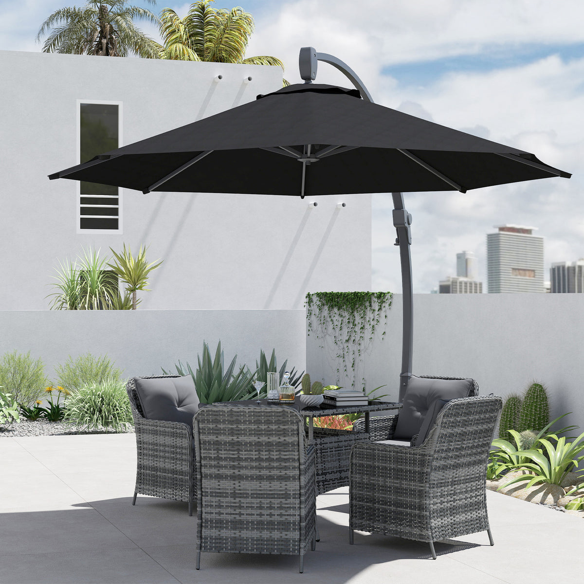 Outsunny black cantilever umbrella shading a patio dining set