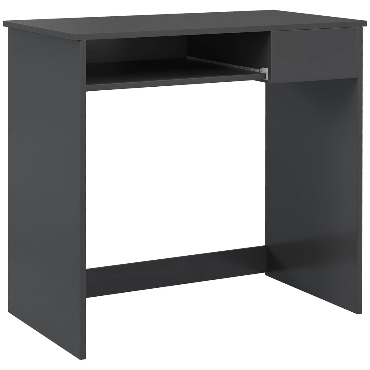 Grey computer desk with a pull-out keyboard tray and a small drawer.
