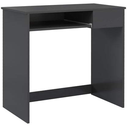 Grey computer desk with a pull-out keyboard tray and a small drawer.
