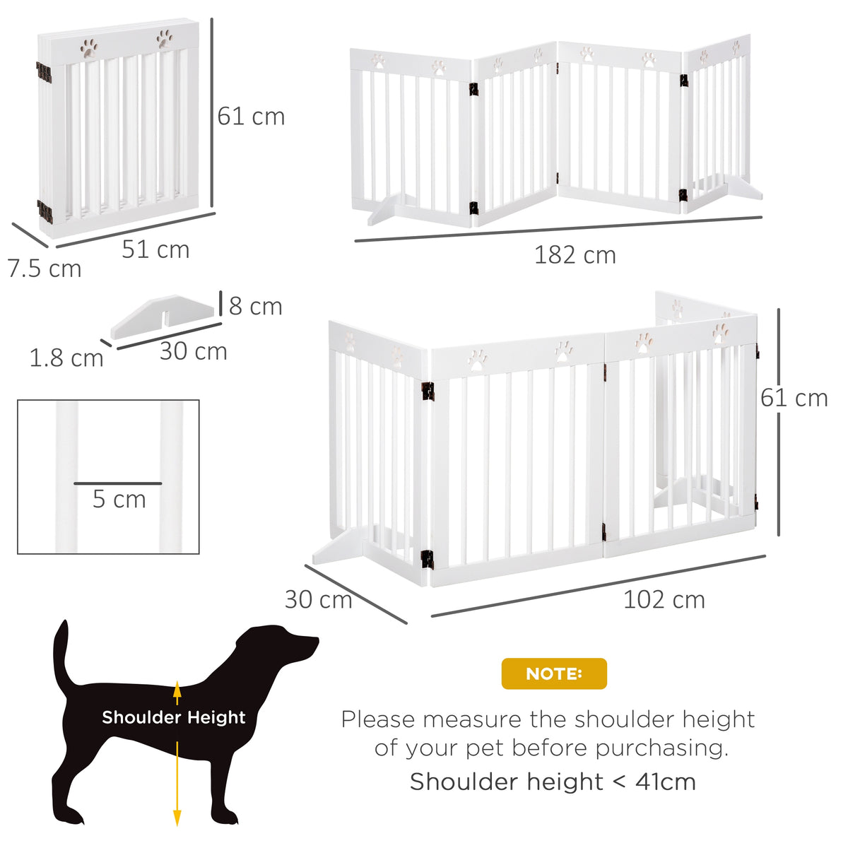 PawHut white folding pet gate shown in compact and extended configurations with dimensions