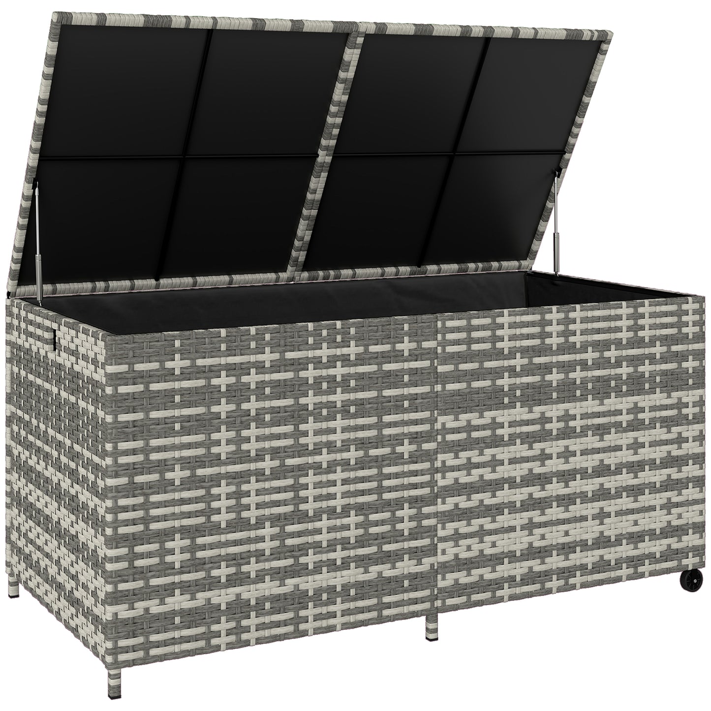 Photo of Outsunny 650L Garden Storage Box with 2 Wheels, Rattan Deck Box with Waterproof Zipped Liner, Safe Pneumatic Rods, Mixed Grey in Grey colour on a white background
