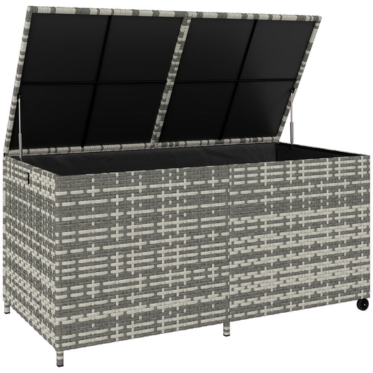 Photo of Outsunny 650L Garden Storage Box with 2 Wheels, Rattan Deck Box with Waterproof Zipped Liner, Safe Pneumatic Rods, Mixed Grey in Grey colour on a white background