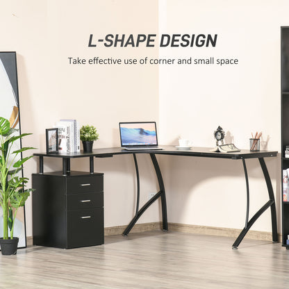 HOMCOM black L-shaped desk with three-drawer cabinet, shown in a corner workspace