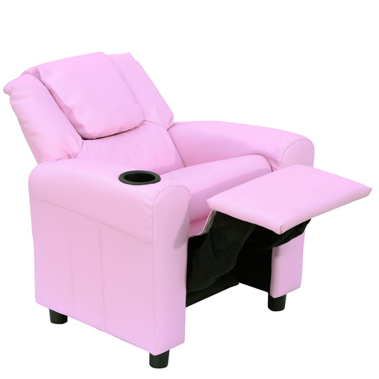 Photo of HOMCOM Kids Recliner Chair, PU Leather with Adjustable Backrest, Footrest, Padded Headrest, Pink in Pink colour on a white background