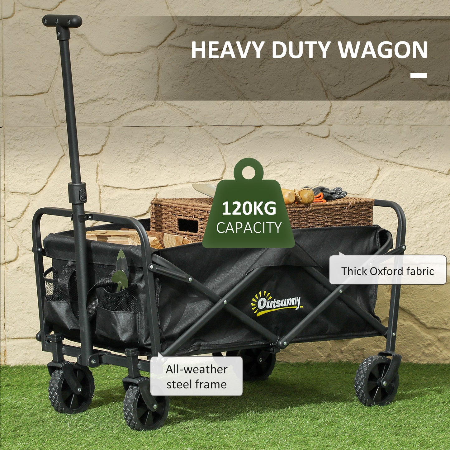 Outsunny 93L Festival Trolley on Wheels, Garden Folding Trolley Cart, 120kg Heavy Duty Collapsible Folding Wagon with Adjustable Handle and Carrying Bag for Beach, Camping, Festival, Black