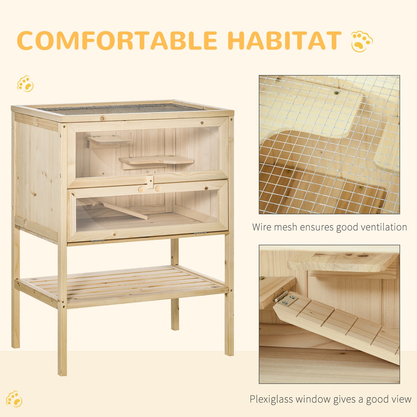 PawHut Wooden Hamster Cage with Storage Shelf, Small Animal Exercise Play House with Openable Top, Ramp for Gerbils, Drawf Hamsters, 60 x 40 x 80 cm - Natural