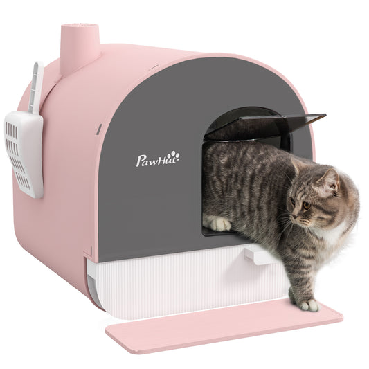 Photo of PawHut Hooded Cat Litter Box, Kitten Litter Tray, with Lid, Scoop, Filter, Flap Door, Pink in Pink colour on a white background