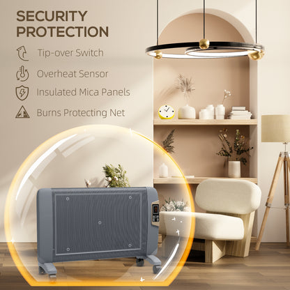 HOMCOM grey electric space heater with protective mesh front and caster wheels