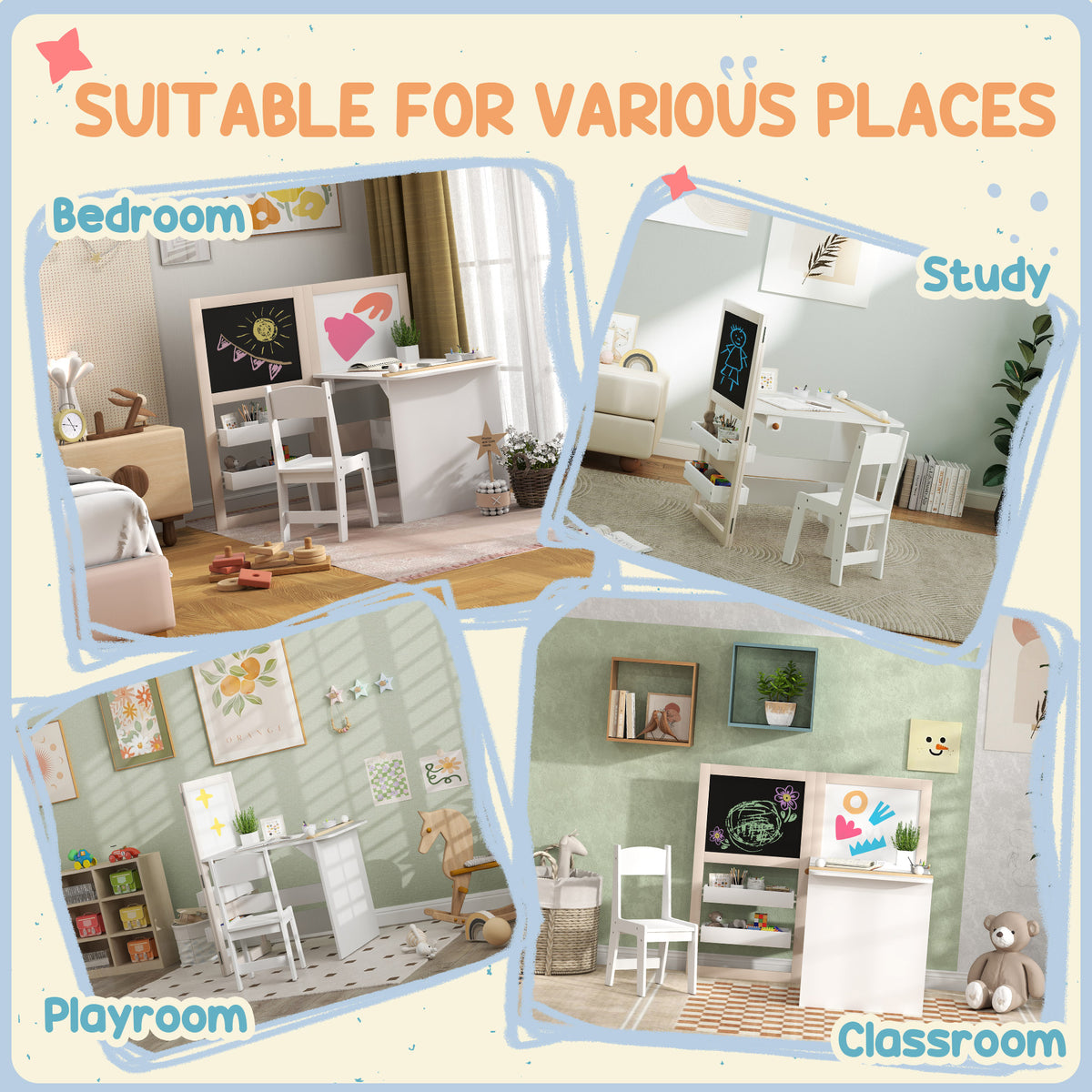Children's table and chair set shown in bedroom, study, playroom, and classroom settings