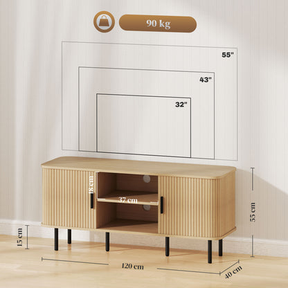 Oak-tone TV stand with two open shelves, side cupboards and black legs; 120 cm wide