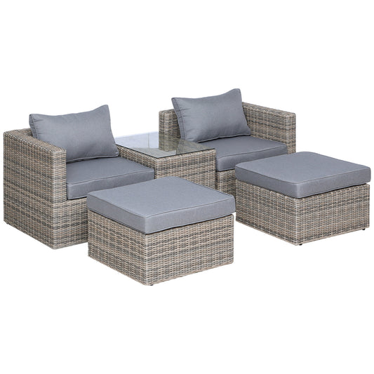Photo of Outsunny 5 Piece Rattan Garden Furniture Set w/ 10cm Thick Cushions, Aluminium Frame Wicker Outdoor Balcony Sofa Set with Corner Armchairs, Ottomans, and Glass Top Table, Mixed Brown in Brown colour on a white background