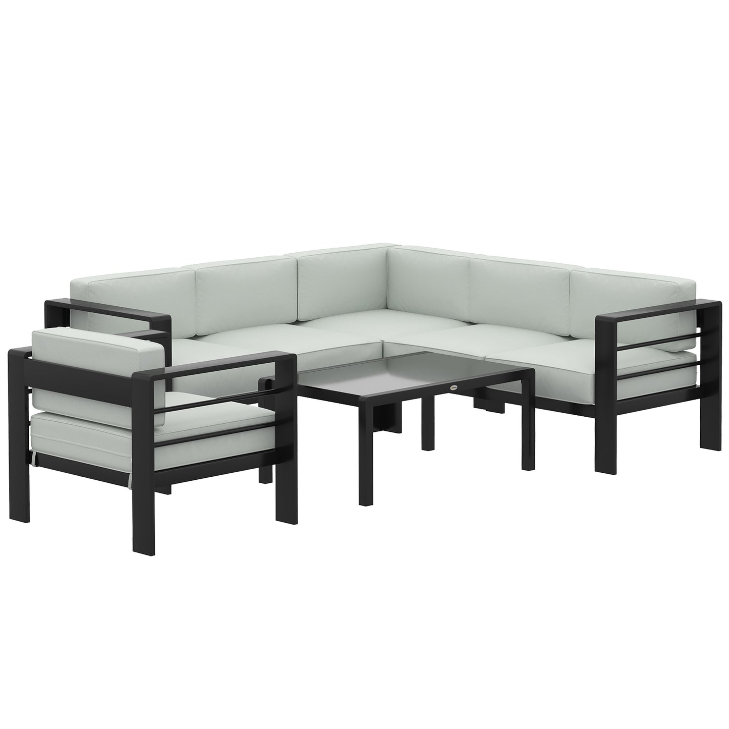 Photo of Outsunny 5-Piece Garden Corner Sofa Set with Cushions, 6 Seater Aluminium Garden Furniture Set with Coffee Table, Light Grey in Grey colour on a white background