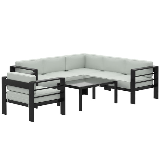 Photo of Outsunny 5-Piece Garden Corner Sofa Set with Cushions, 6 Seater Aluminium Garden Furniture Set with Coffee Table, Light Grey in Grey colour on a white background