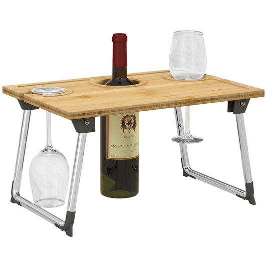 Photo of HOMCOM Portable Bamboo Top Wine and Glass Picnic Table in Table colour on a white background