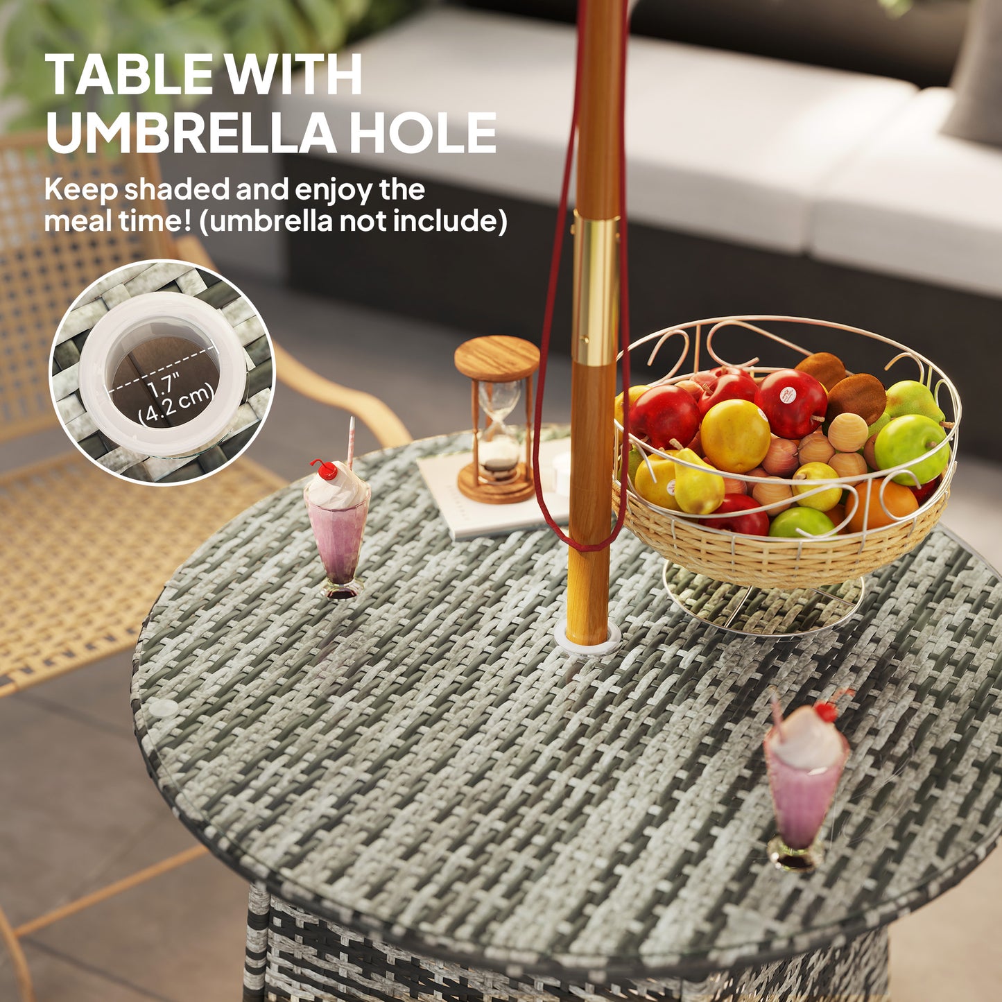 Outsunny Wicker Garden Rattan Table, Patio Furniture Outdoor Coffee Table with Umbrella Hole and Tempered Glass Top, Grey