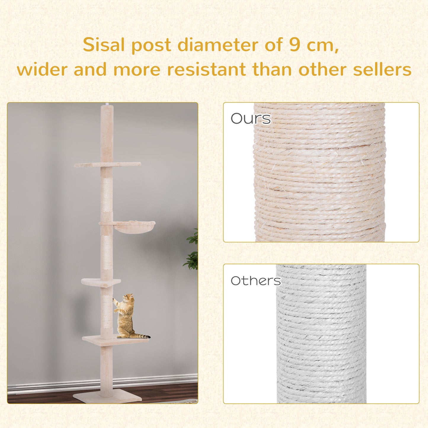 PawHut Floor to Ceiling Cat Tree 230-260cm Height Adjustable, 5-Tier Cat Tower with Scratching Posts, Hammock, Perches, Climbing Activity Centre for Indoor Kittens Playing and Relaxing, Beige