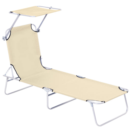 Photo of Outsunny Folding Sun Lounger with Canopy, Reclining Sunbed with 4-Position Adjustable Backrest, 600D Oxford Cloth, Portable Garden Lounger Recliner Chair for Beach, Camping, Patio, Beige in Beige colour on a white background