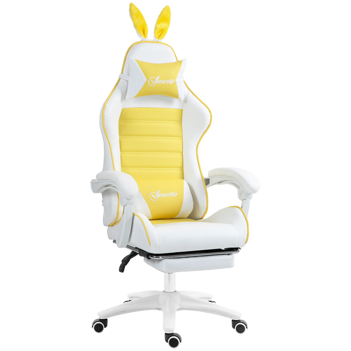 Photo of Vinsetto Gaming Chair with Rabbit Ears and Footrest, Ergonomic Computer Chair for Girls Adults, with Headrest, Lumbar Support, Reclining Back, Swivel Wheels, Yellow and White in White colour on a white background