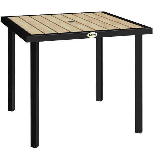 Photo of Outsunny Square Garden Dining Table with 5.4cm Parasol Hole, Slatted Top, Metal Frame, 86 x 86 x 71cm, Brown in Brown colour on a white background