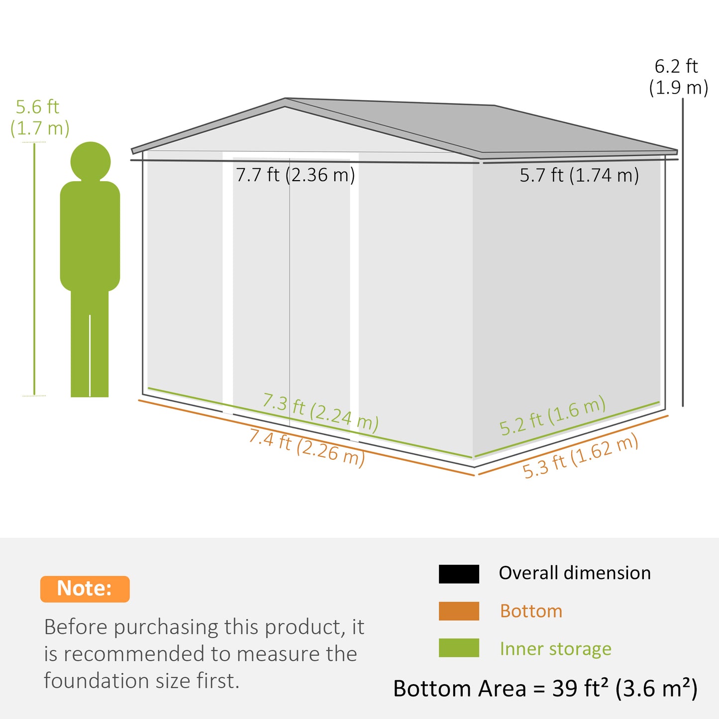Outsunny 7.7 x 5.7ft Metal Garden Shed with Ventilation Slots and Sliding Doors, Galvanised Outdoor Tool Storage House, Green