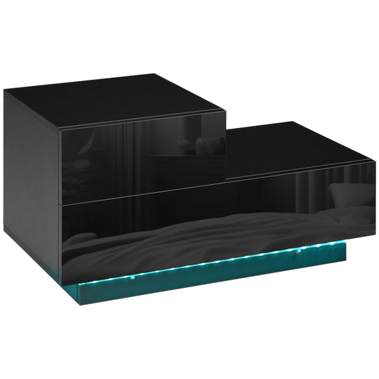 Photo of HOMCOM High Gloss Front Bedside Table with Drawers Nightstand with RGB LED Light and Remote for Bedroom Living Room Black in Black colour on a white background