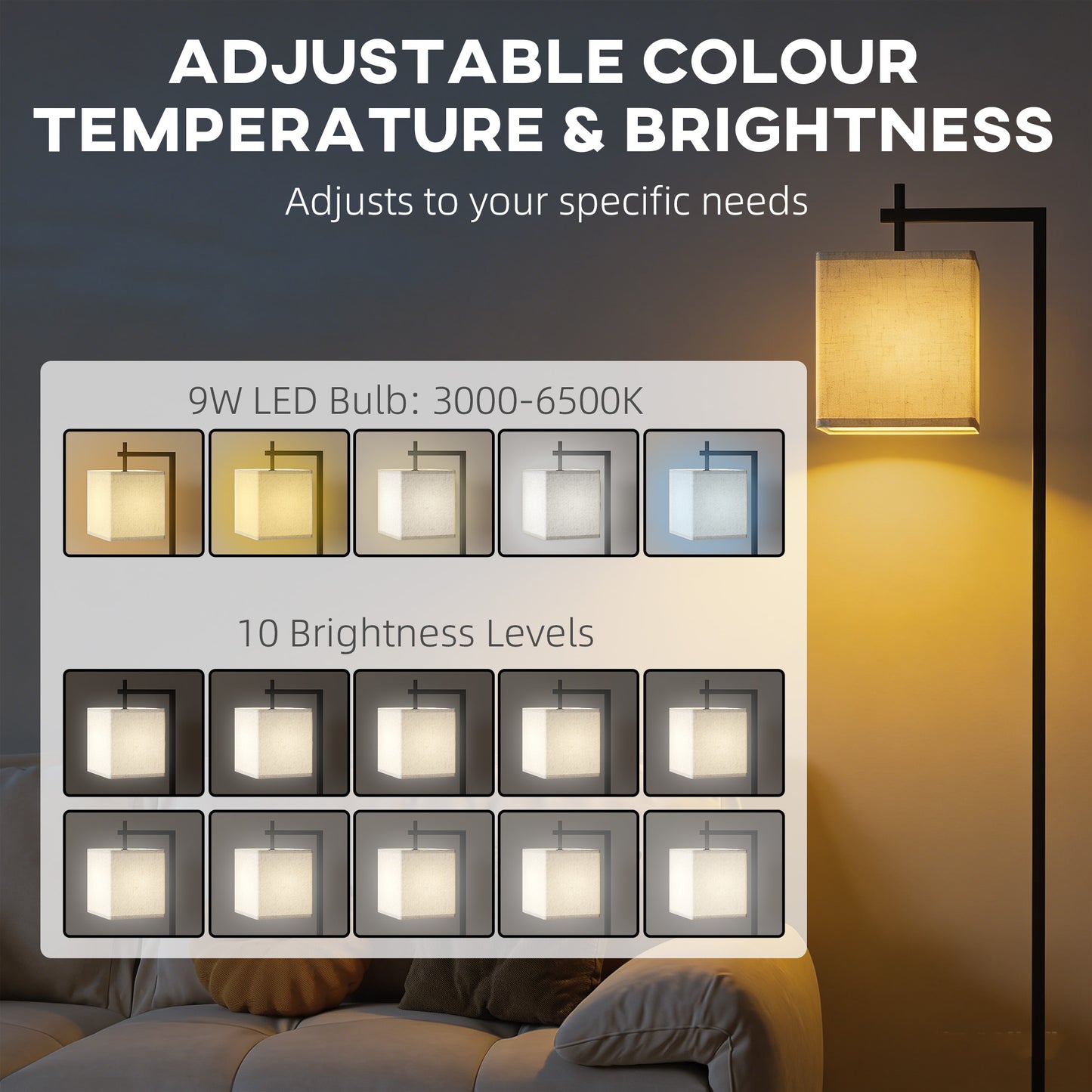 HOMCOM Floor Lamp for Living Room, 66" Modern Tall Standing Lamp with Adjustable Colour Temperatures & 10 Brightness Levels, Remote Control and Foot Switch for Bedroom Office, 9W LED Bulb Included