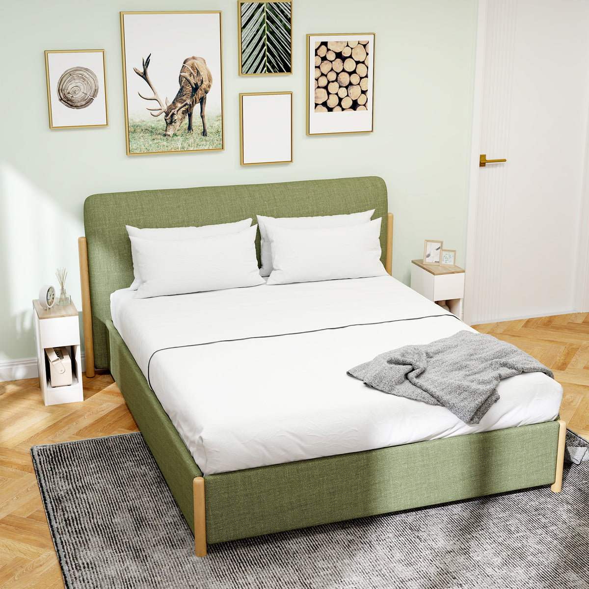 Pair of cream white bedside tables with wood-look tops beside a bed
