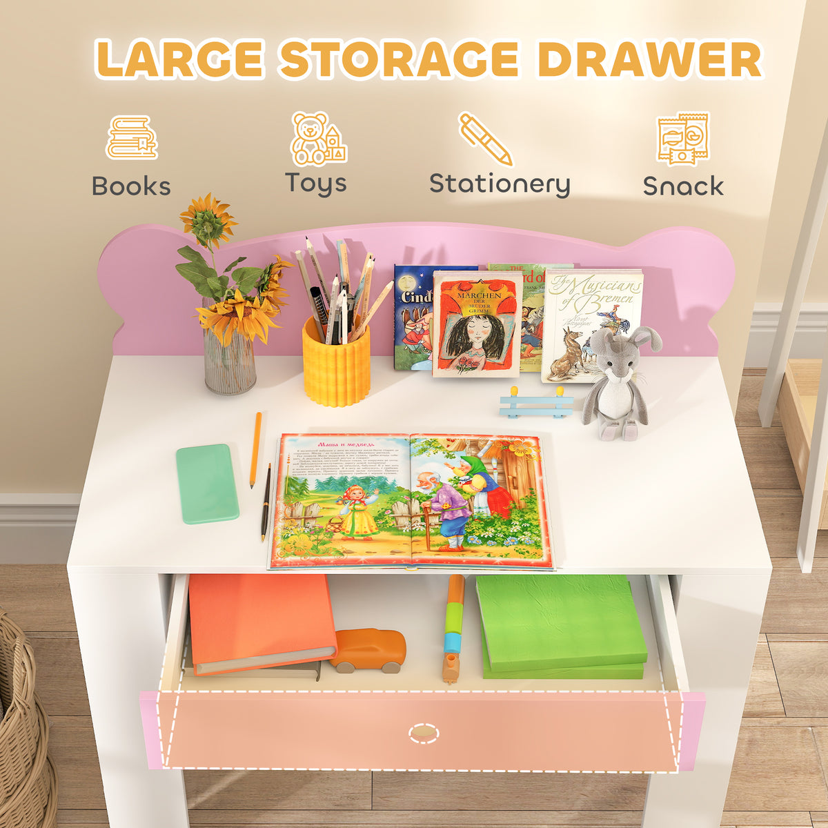 AIYAPLAY Kids Desk and Chair Set with Drawer for Drawing, Reading, Bear Theme Children Furniture for Bedroom, Daycare, Pink