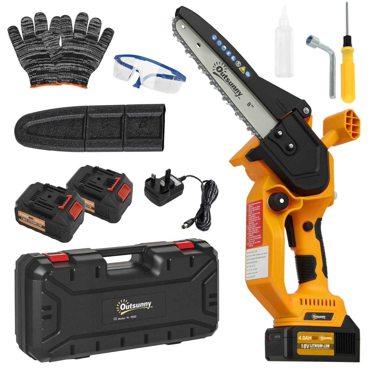 Photo of Outsunny Mini Pruning Saw Cordless, 8 Inch Electric Pruning Saw with 2 x 4000mAh Batteries, Brushless Motor and Safety Lock for Tree Trimming, Garden, Wood Cutting, Orange in Orange colour on a white background