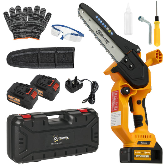 Photo of Outsunny Mini Pruning Saw Cordless, 8 Inch Electric Pruning Saw with 2 x 4000mAh Batteries, Brushless Motor and Safety Lock for Tree Trimming, Garden, Wood Cutting, Orange in Orange colour on a white background