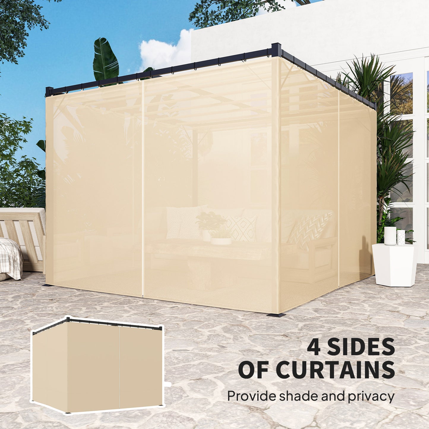 Outsunny 3 x 3m Retractable Pergola with Curtains, Metal Garden Gazebo Canopy for Patio, Deck & Outdoor Dining, UV-Resistant, Beige