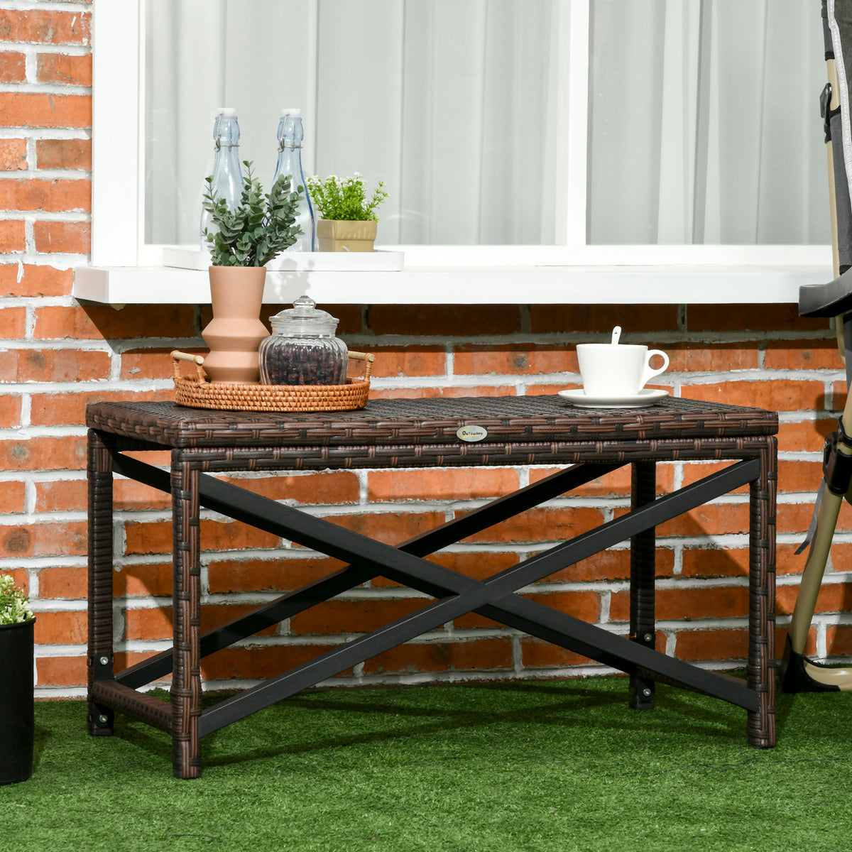 Outsunny Outdoor Coffee Table Side Table with X-Shape Frame for Patio, Balcony, Mixed Brown