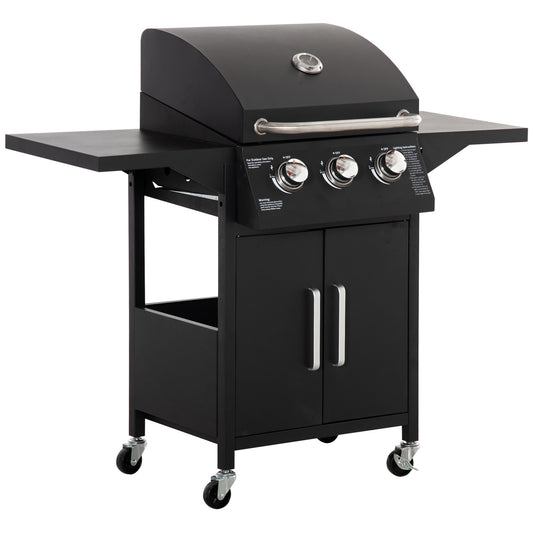 Photo of Outsunny 3 Burner Gas BBQ Grill Outdoor Portable Barbecue Trolley w/ Warming Rack, Side Shelves, Storage Cabinet, Thermometer, Carbon Steel, Black in Black colour on a white background