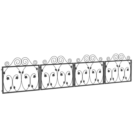 Photo of Outsunny Set of Four 57cm Leaf Scroll Metal Fence Panels - Black in Black colour on a white background