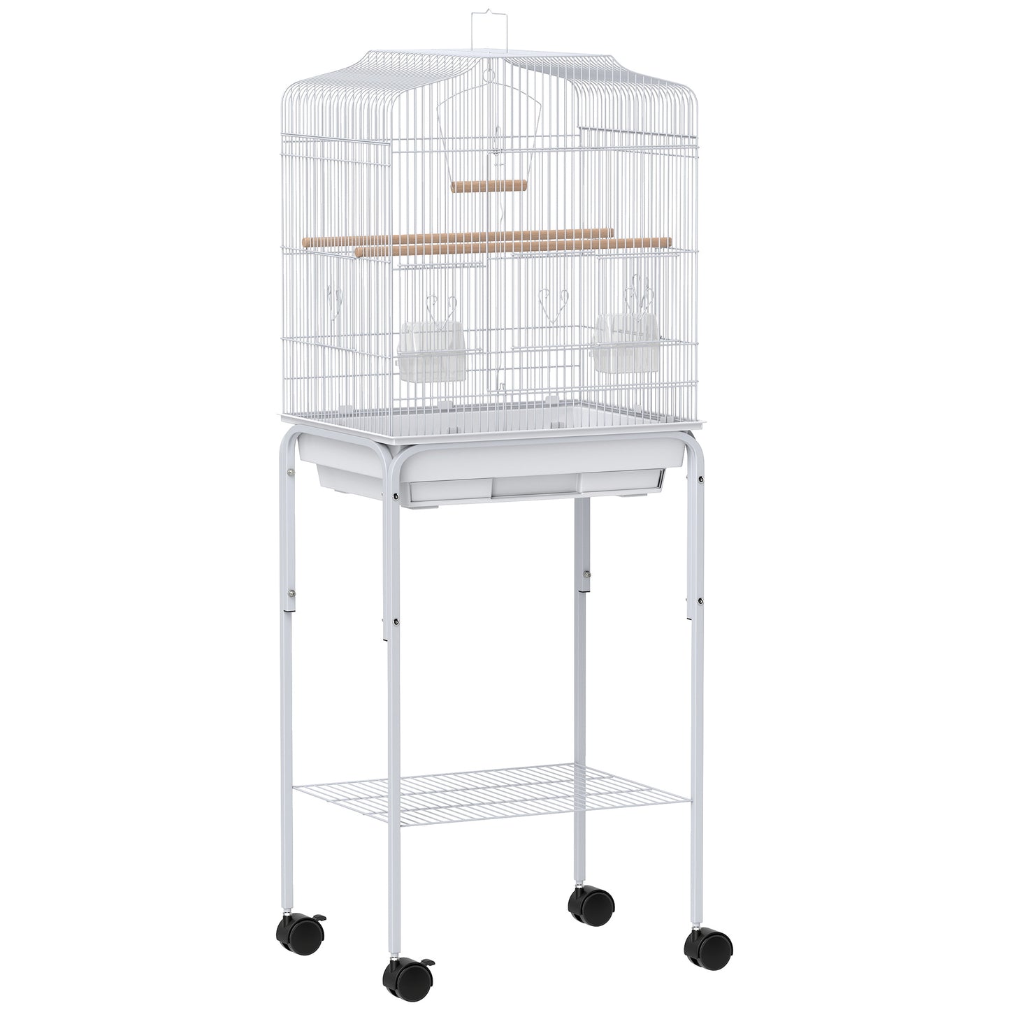 Photo of PawHut Bird Cage Budgie Cages for Finch Canary Parakeet with Stand Wheels Slide-out Tray Accessories Storage Shelf, White in White colour on a white background