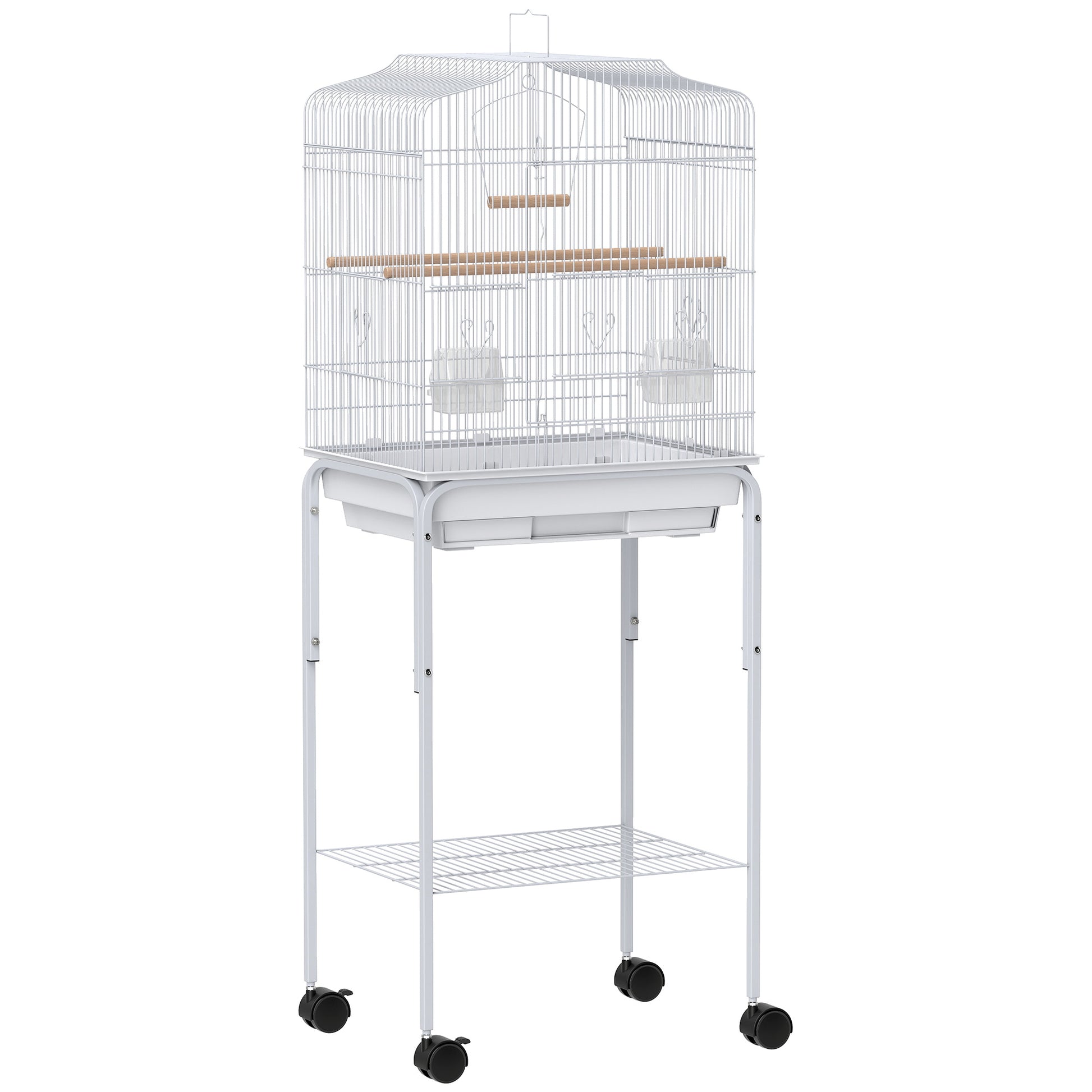 Photo of PawHut Bird Cage Budgie Cages for Finch Canary Parakeet with Stand Wheels Slide-out Tray Accessories Storage Shelf, White in White colour on a white background
