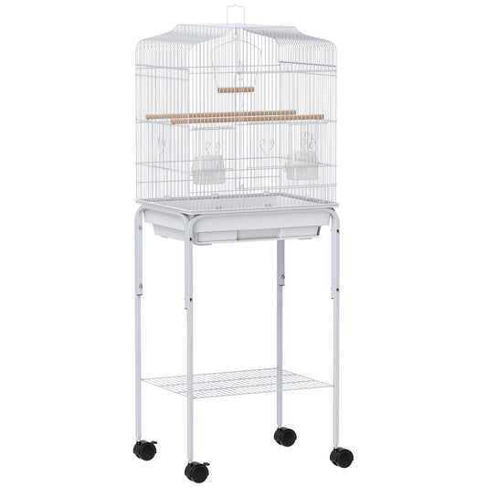 Photo of PawHut Bird Cage Budgie Cages for Finch Canary Parakeet with Stand Wheels Slide-out Tray Accessories Storage Shelf, White in White colour on a white background