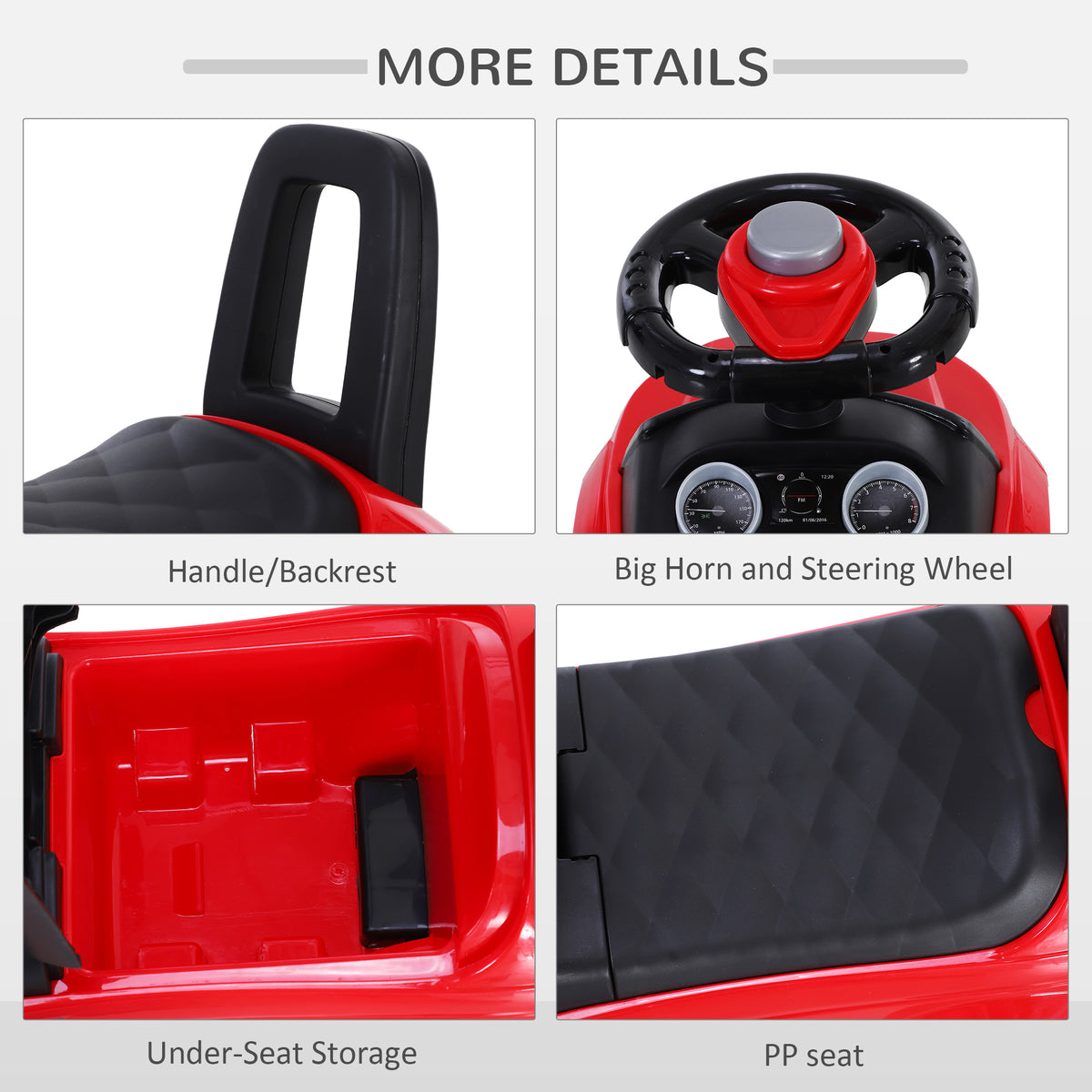 Red ride-on car details: backrest, horn steering wheel, under-seat storage and black seat