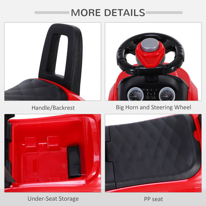 Red ride-on car details: backrest, horn steering wheel, under-seat storage and black seat