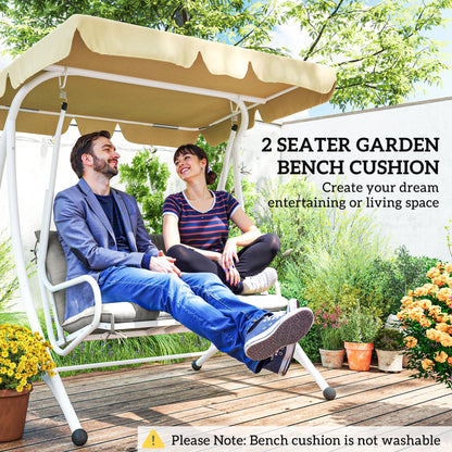 Two-seat garden bench cushion fitted on an outdoor swing.