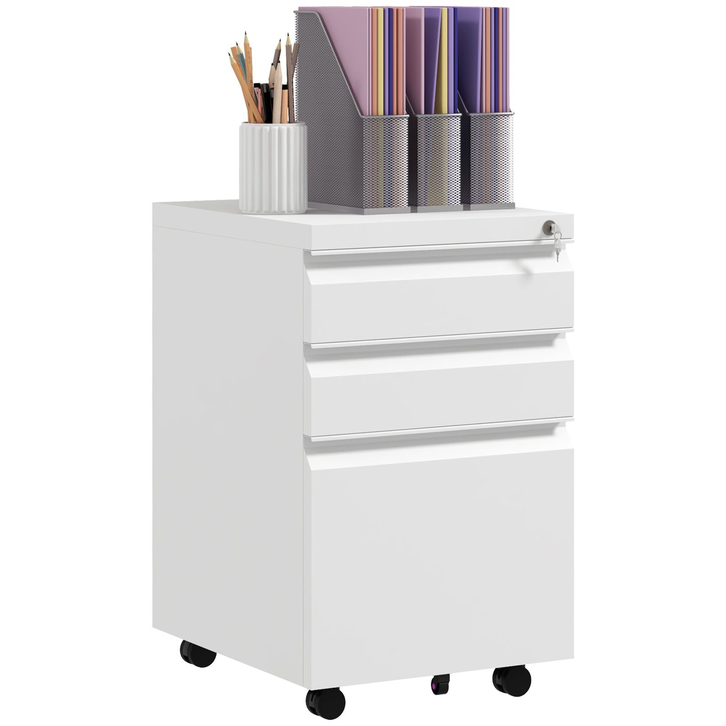Photo of Vinsetto 3-Drawer Filing Cabinet with Lock, Mobile Steel File Cabinet for A4, Legal and Letter Size, Under Desk Drawers with Pre-Assembled Body for Home Office, 37 x 43.5 x 60 cm, White in White colour on a white background