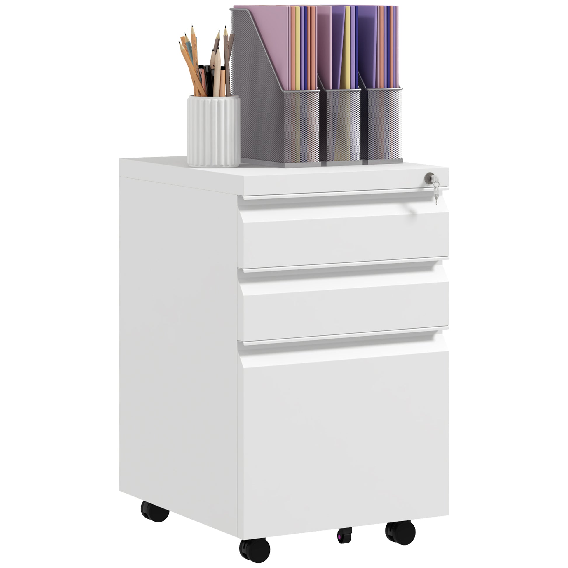 Photo of Vinsetto 3-Drawer Filing Cabinet with Lock, Mobile Steel File Cabinet for A4, Legal and Letter Size, Under Desk Drawers with Pre-Assembled Body for Home Office, 37 x 43.5 x 60 cm, White in White colour on a white background