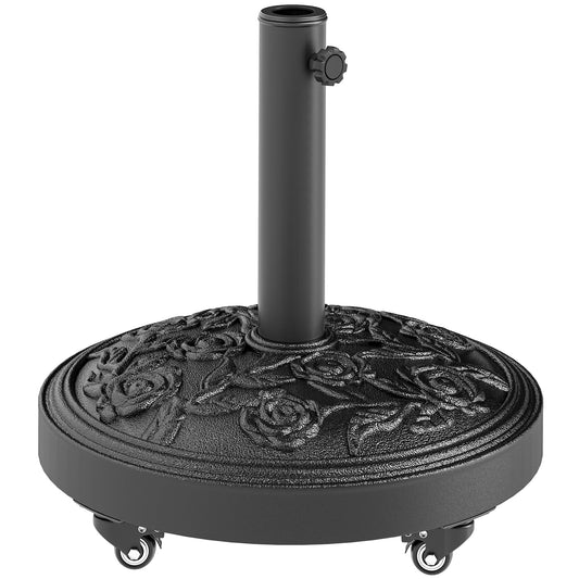 Photo of Outsunny Parasol Base, Umbrella Base with Wheels Cast Iron Effect, for Umbrella, Canopy, Weather Resistant, Black in Black colour on a white background