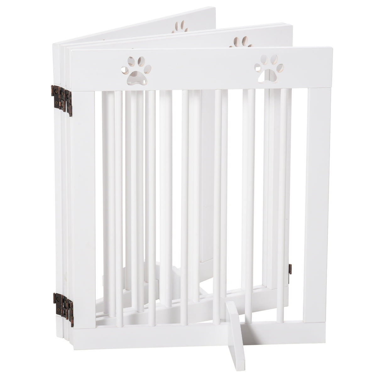 PawHut white pet gate folded into a compact stack, showing slats and support feet