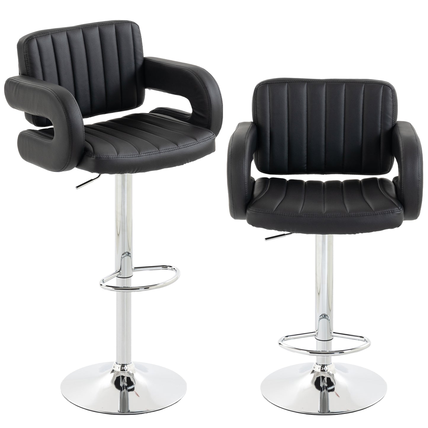 Photo of HOMCOM Bar Stools Adjustable Swivel Kitchen Chairs with Backrest Armrest Set of 2 PU Leather Black in Black colour on a white background