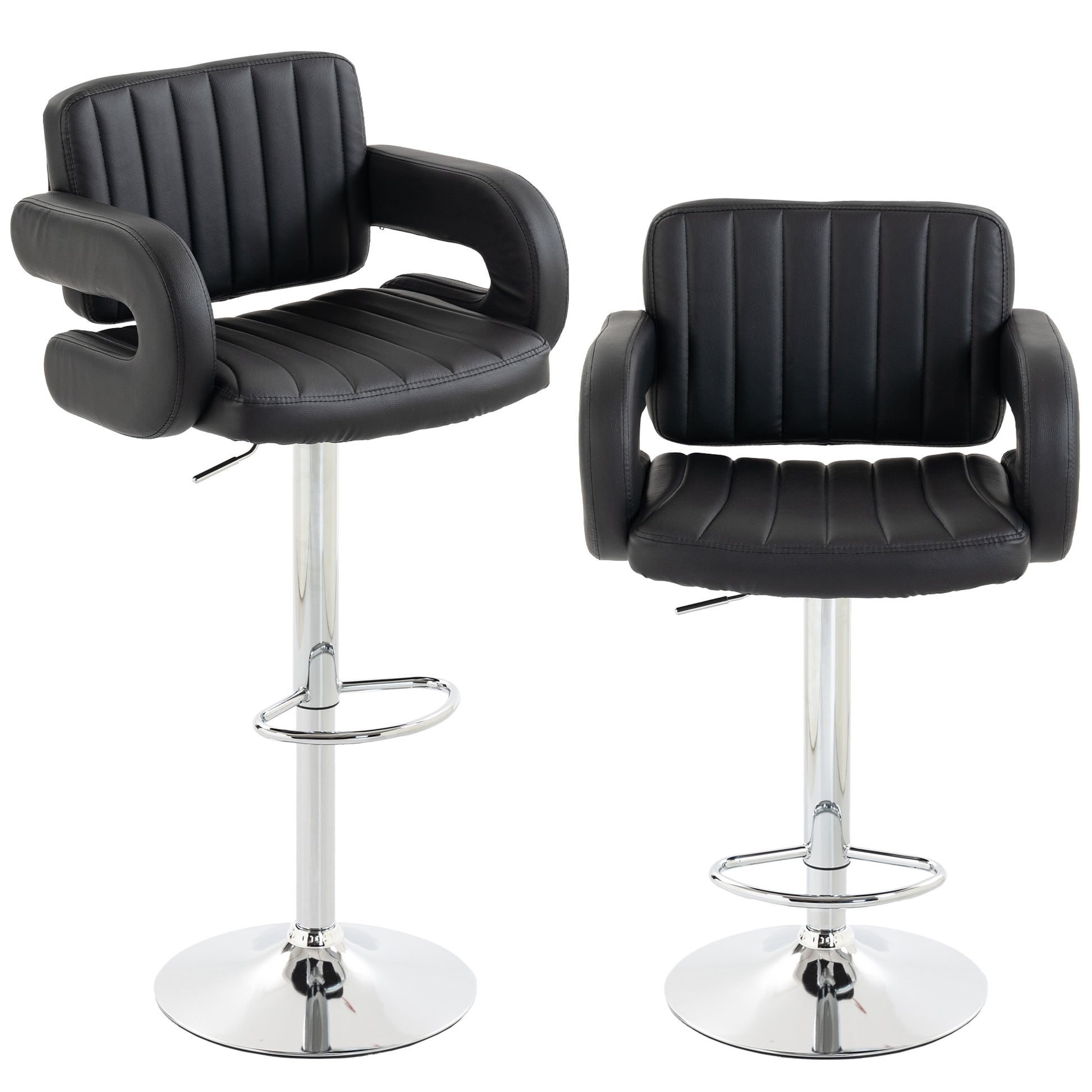 Photo of HOMCOM Bar Stools Adjustable Swivel Kitchen Chairs with Backrest Armrest Set of 2 PU Leather Black in Black colour on a white background