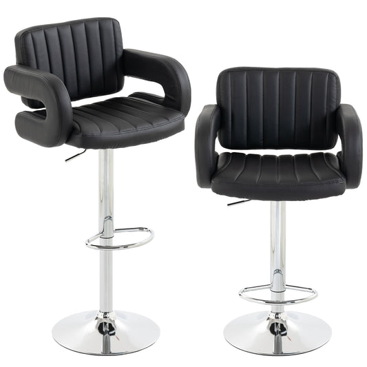 Photo of HOMCOM Bar Stools Adjustable Swivel Kitchen Chairs with Backrest Armrest Set of 2 PU Leather Black in Black colour on a white background